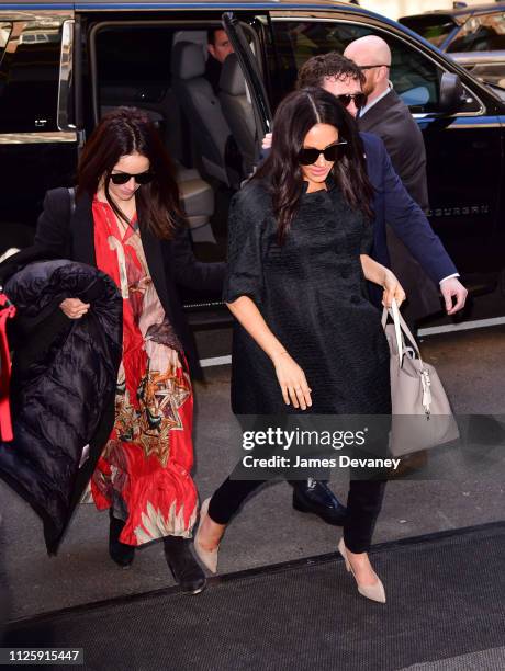 Abigail Spencer and Meghan, Duchess of Sussex seen arriving to The Mark Hotel on February 19, 2019 in New York City.