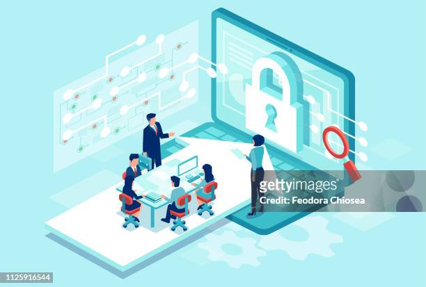 Isometric vector of a team working designing new software to protect personal data