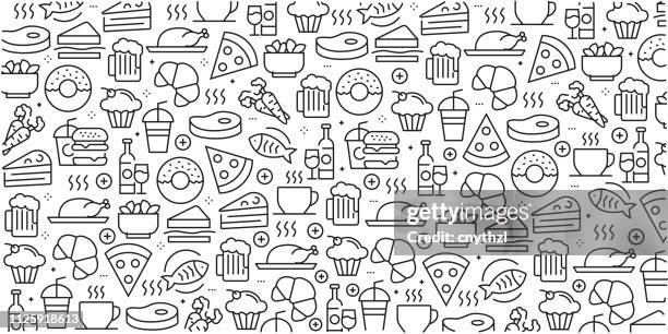 vector set of design templates and elements for food and drink in trendy linear style - seamless patterns with linear icons related to food and drink - vector - coffe print stock illustrations