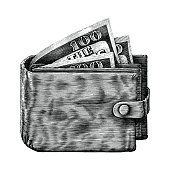 Wallet with full money hand draw vintage engraving isolated on white background