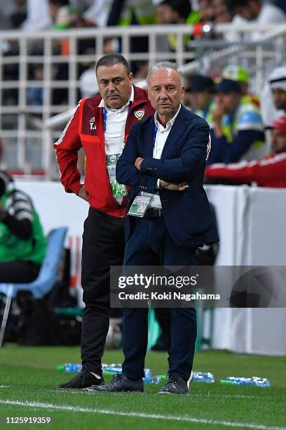 Manager Alberto Zaccheroni looks on the AFC Asian Cup semi final match between Qatar and United Arab Emirates at Mohammed Bin Zayed Stadium on...