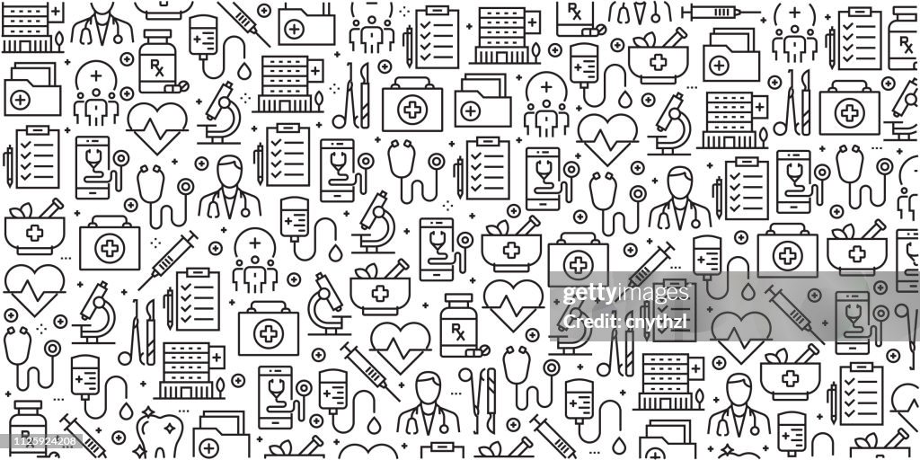 Vector set of design templates and elements for Healthcare and Medicine in trendy linear style - Seamless patterns with linear icons related to Healthcare and Medicine - Vector