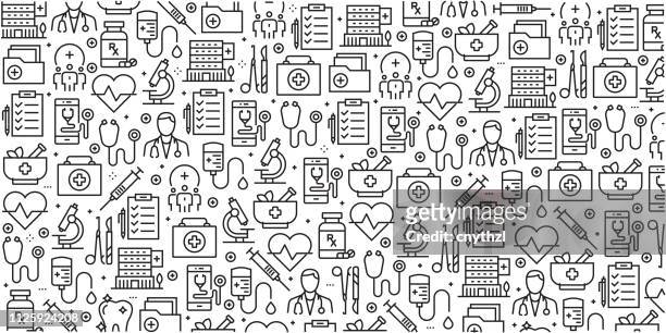 vector set of design templates and elements for healthcare and medicine in trendy linear style - seamless patterns with linear icons related to healthcare and medicine - vector - doctor stock illustrations