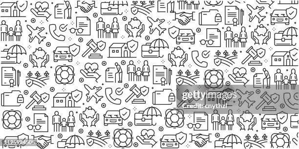 vector set of design templates and elements for insurance in trendy linear style - seamless patterns with linear icons related to insurance - vector - contract happy stock illustrations