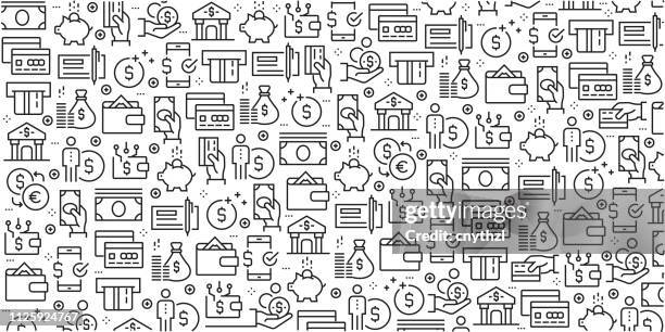 ilustrações, clipart, desenhos animados e ícones de conjunto de vetor de modelos de design e elementos para dinheiro em estilo moderno e linear - padrões sem emenda com lineares ícones relacionados a dinheiro - vector - finanças