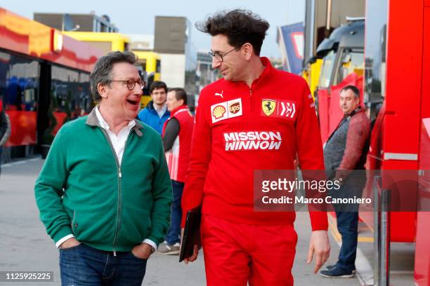 Louis Carey Camilleri Ceo of Ferrari and Mattia Binotto Team Principal of Scuderia Ferrari during day two of F1 Winter Testing.
