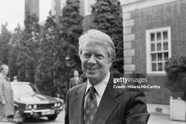 American politician Jimmy Carter, 39th president of the United States, arrives at Winfield House for his stay during the Economic Summit, London, UK,...