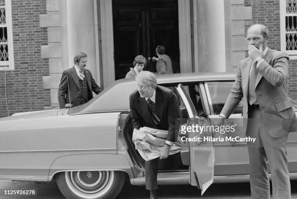 American politician Jimmy Carter, 39th president of the United States, arrives at Winfield House for his stay during the Economic Summit, London, UK,...