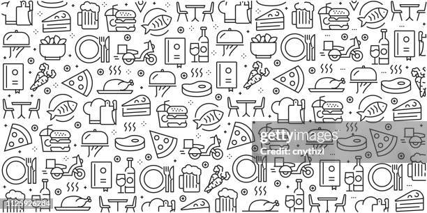 stockillustraties, clipart, cartoons en iconen met vector set van ontwerpsjablonen en elementen voor restaurant en voedsel in trendy lineaire stijl - naadloze patronen met lineaire pictogrammen in verband met restaurant- en food - vector - gourmet