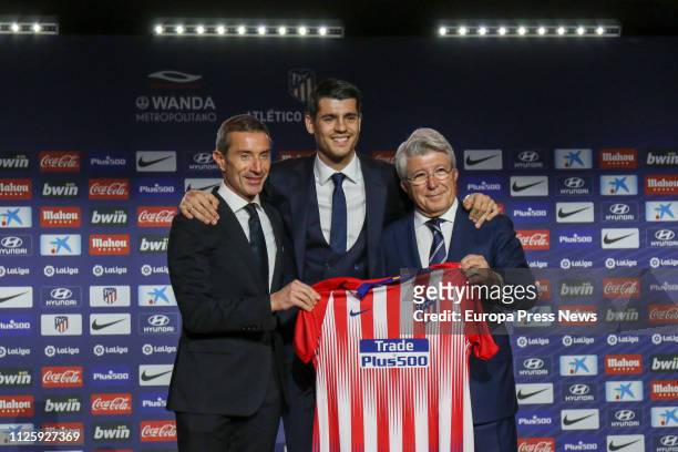 Sports director of Atletico de Madrid, Andrea Berta, football player Alvaro Morata and president of the Atletico de Madrid, Enrique Cerezo, are seen...