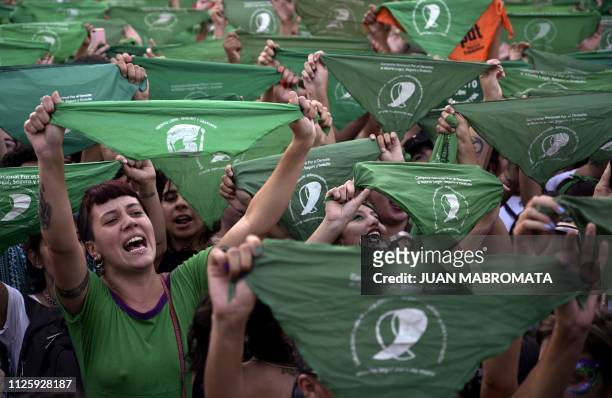 Activists rise green headscarfs demanding the legalization of legal, safe and free abortion during the so-called "Green Action Day for the Right to...