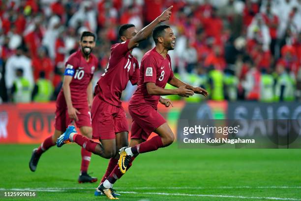 Hamid Ismaeil Khaleefa of Qatar celebrates scoring their fourth goal during the AFC Asian Cup semi final match between Qatar and United Arab Emirates...