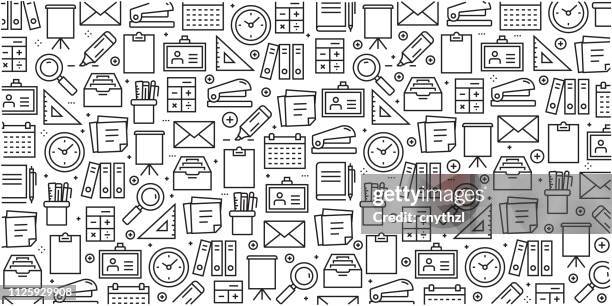 vector set of design templates and elements for stationery in trendy linear style - seamless patterns with linear icons related to stationery - vector - office space background stock illustrations