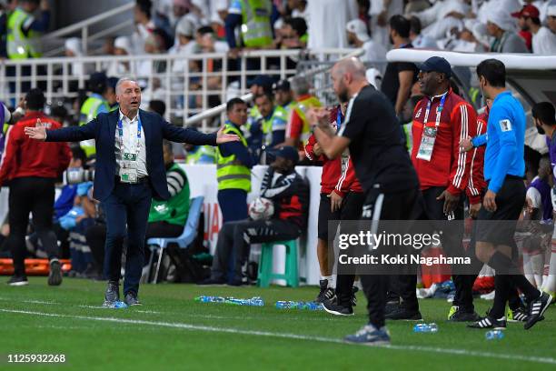 Manager Alberto Zaccheroni gestures during the AFC Asian Cup semi final match between Qatar and United Arab Emirates at Mohammed Bin Zayed Stadium on...