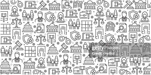 vector set of design templates and elements for law and justice in trendy linear style - seamless patterns with linear icons related to law and justice - vector - vintage office illustration stock illustrations