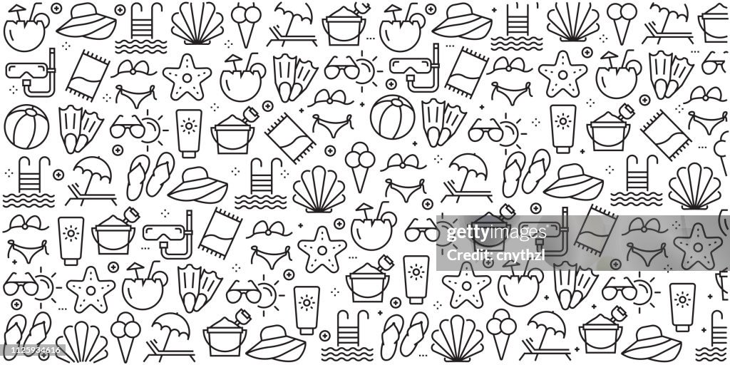 Vector ensemble de modèles de conception et d’éléments pour l’été et de la plage dans un style linéaire branché - profils sans soudure avec icônes linéaires associés à l’été et la plage - vecteur