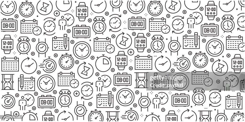 Vector set of design templates and elements for Time Related in trendy linear style - Seamless patterns with linear icons related to Time Related - Vector