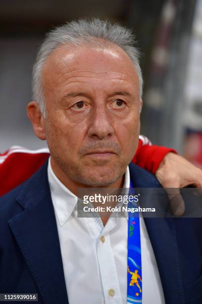 Manager Alberto Zaccheroni looks on prior to the AFC Asian Cup semi final match between Qatar and United Arab Emirates at Mohammed Bin Zayed Stadium...