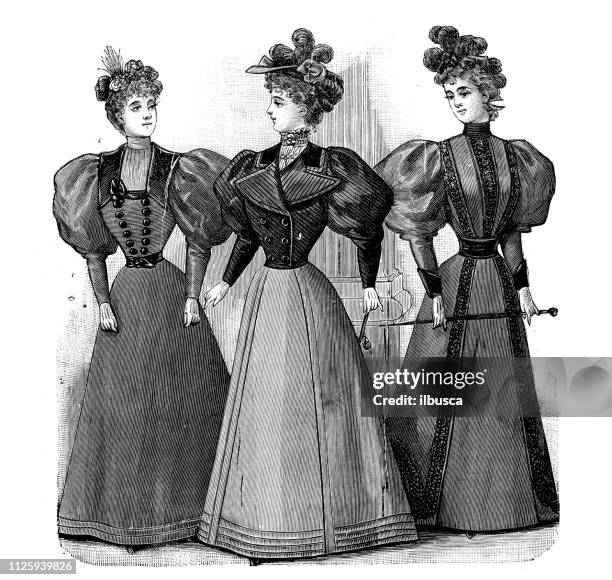 antique illustration from french fashion magazine - victorian dress stock illustrations