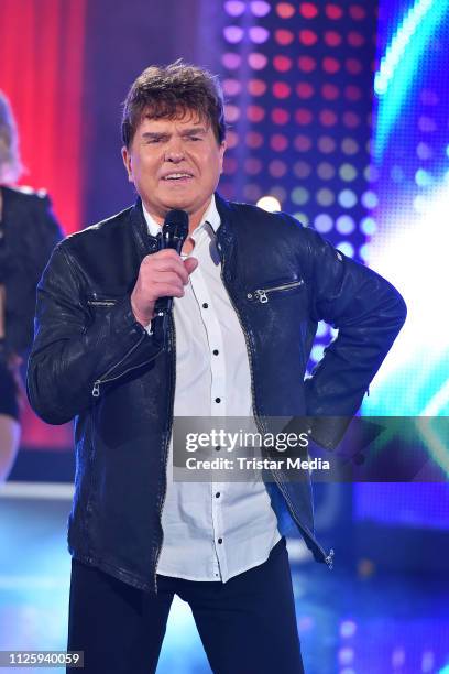 Frank Schoebel performs at the "Meine Schlagerwelt - Die Party mit Ross Antony" MDR TV show recording at Eventpalast on February 19, 2019 in Leipzig,...