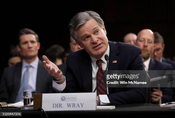 Director Christopher Wray testifies at a Senate Intelligence Committee hearing on "Worldwide Threats" January 29, 2019 in Washington, DC....