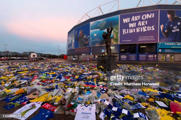 Tributes continue to be left to Emiliano Sala at the Cardiff City Stadium on January 29, 2019 in Cardiff, Wales. Emiliano Sala is one of two people...