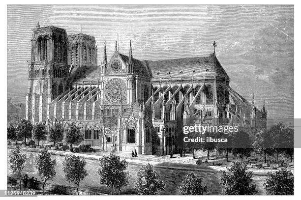 antike darstellung der französischen kathedralen: notre-dame de paris - kathedrale von notre dame stock-grafiken, -clipart, -cartoons und -symbole