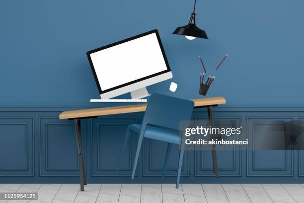 zero gravity werkplek met lege scherm in modern interieur - in de lucht zwevend stockfoto's en -beelden