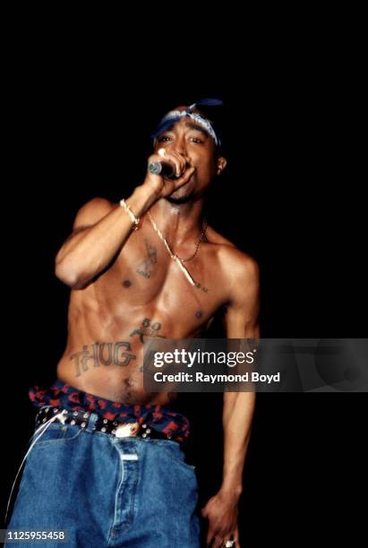 Rapper Tupac Shakur performs at the Regal Theater in Chicago, Illinois in March 1994.