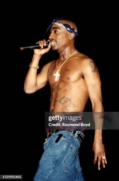 Rapper Tupac Shakur performs at the Regal Theater in Chicago, Illinois in March 1994.