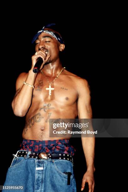 Rapper Tupac Shakur performs at the Regal Theater in Chicago, Illinois in March 1994.