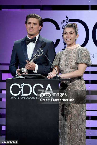 Chris Lowell and Lili Mirojnick speak onstage during The 21st CDGA at The Beverly Hilton Hotel on February 19, 2019 in Beverly Hills, California.