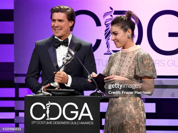 Chris Lowell and Lili Mirojnick speak onstage during The 21st CDGA at The Beverly Hilton Hotel on February 19, 2019 in Beverly Hills, California.