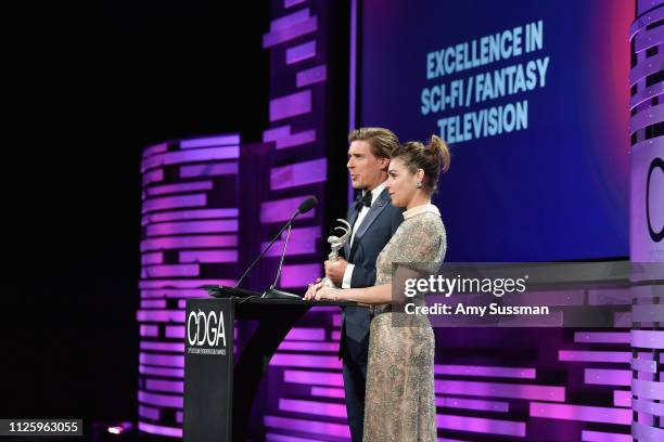 Chris Lowell and Lili Mirojnick speak onstage during The 21st CDGA at The Beverly Hilton Hotel on February 19, 2019 in Beverly Hills, California.