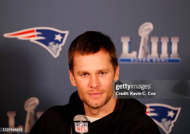 Tom Brady of the New England Patriots speaks to the media during the New England Patriots Super Bowl LIII media availability at the Hyatt Regency...