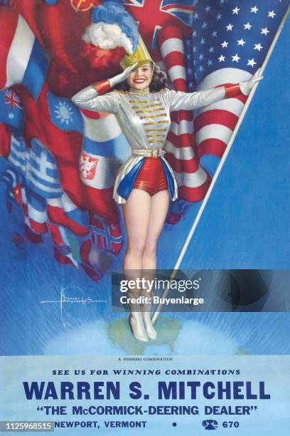Advertising illustration from a calendar features an illustration of a grinning majorette as she salutes, 1946. She holds a pole that flies the flags...