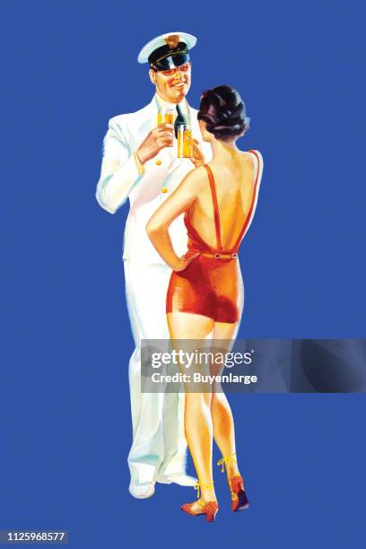 Advertisement illustration features a man in a white, military-style uniform as he smiles and raises a glass with a women in a one-piece, backless...