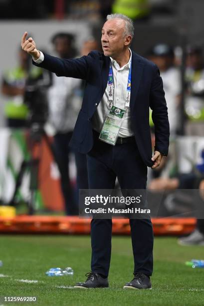 Alberto Zaccheroni, coach of UAE looks on during the AFC Asian Cup semi final match between Qatar and United Arab Emirates at Mohammed Bin Zayed...