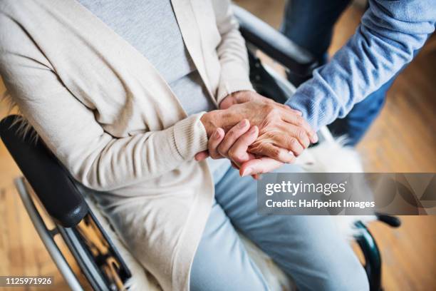 a midsection of senior couple at home, a husband looking after his disabled wife. - dare una mano foto e immagini stock