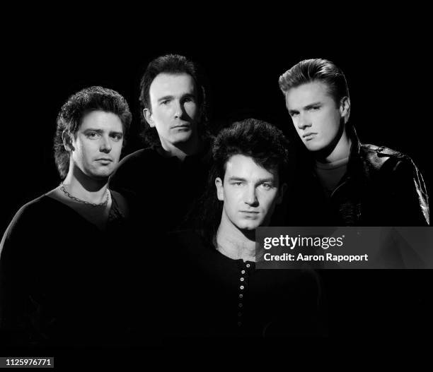 Rock and roll legends U2, Adam Clayton, the Edge, Bono, and Larry Mullen Jr., pose for a portrait in December 1984 in Los Angeles, California.