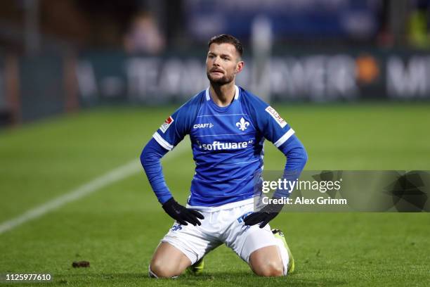 Marcel Heller of Darmstadt reacts during the Second Bundesliga match between SV Darmstadt 98 and FC St. Pauli at Merck-Stadion am Boellenfalltor on...