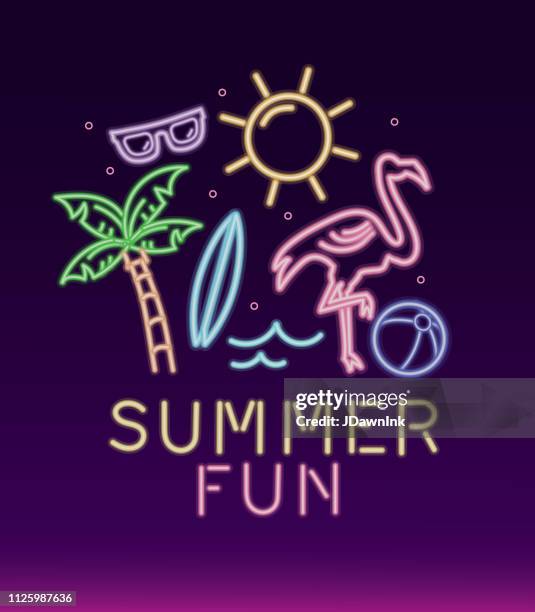 neon sign tropical summer fun design - watersports equipment stock illustrations