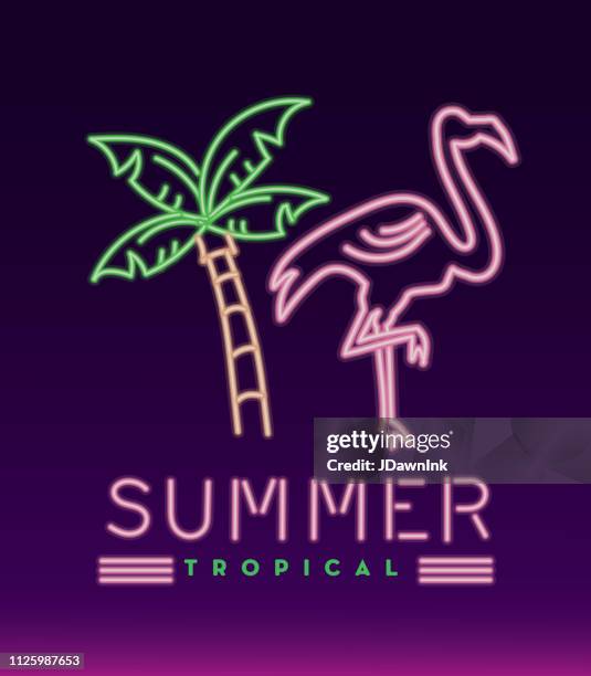 ilustraciones, imágenes clip art, dibujos animados e iconos de stock de diseño de la diversión de verano tropical de signo de neón - flamenco rosa