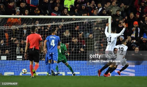 Rodrigo Moreno of Valencia scores his side's second goal during the Copa del Rey Quarter Final match between Valencia and Getafe at Estadio Mestalla...
