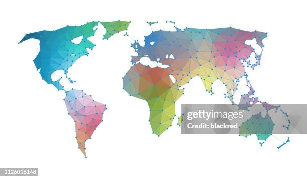 colorful geometric network world map polygon graphic background - low poly globe stock illustrations