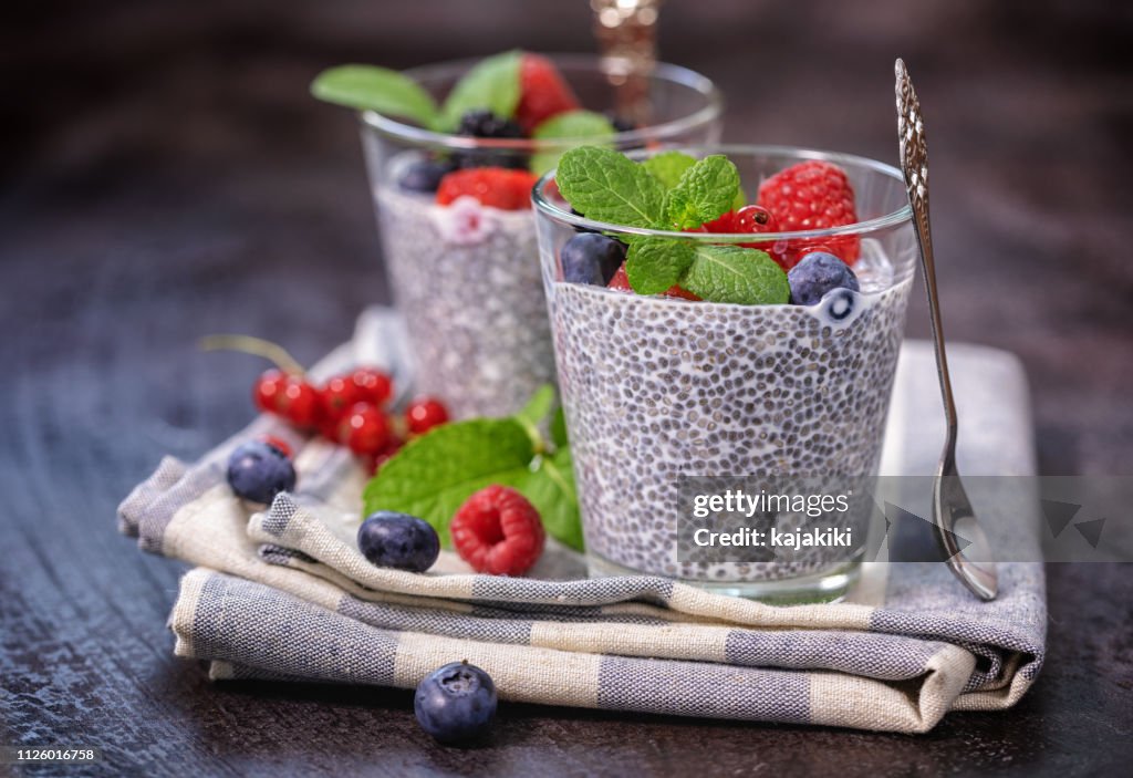 Chia seed pudding with fresh berries for the breakfast