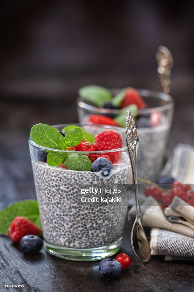 Chia seed pudding with fresh berries for the breakfast