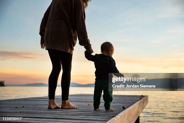 a mom holding her young sons hand on a dock. - lake whitefish stock-fotos und bilder