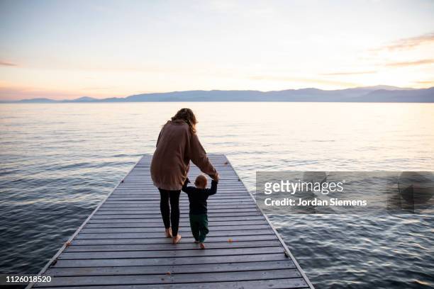 a mom teaching her young son to walk on a dock. - lake whitefish stock-fotos und bilder
