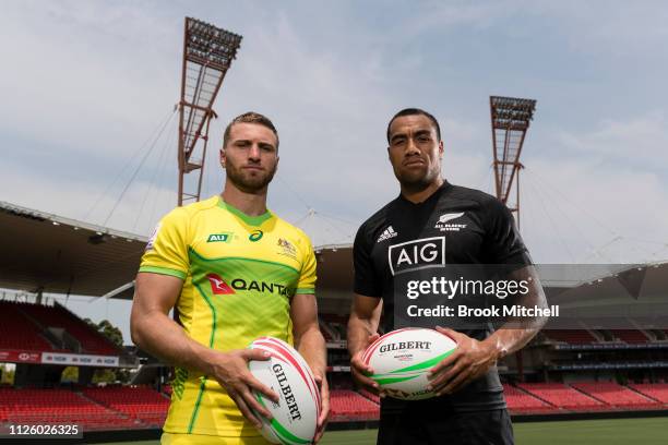 Australian Rugby Sevens Captain Lewis Holland and New Zealand's Sione Molia pose during the Sydney Sevens Team photo Media Opportunity at Spotless...